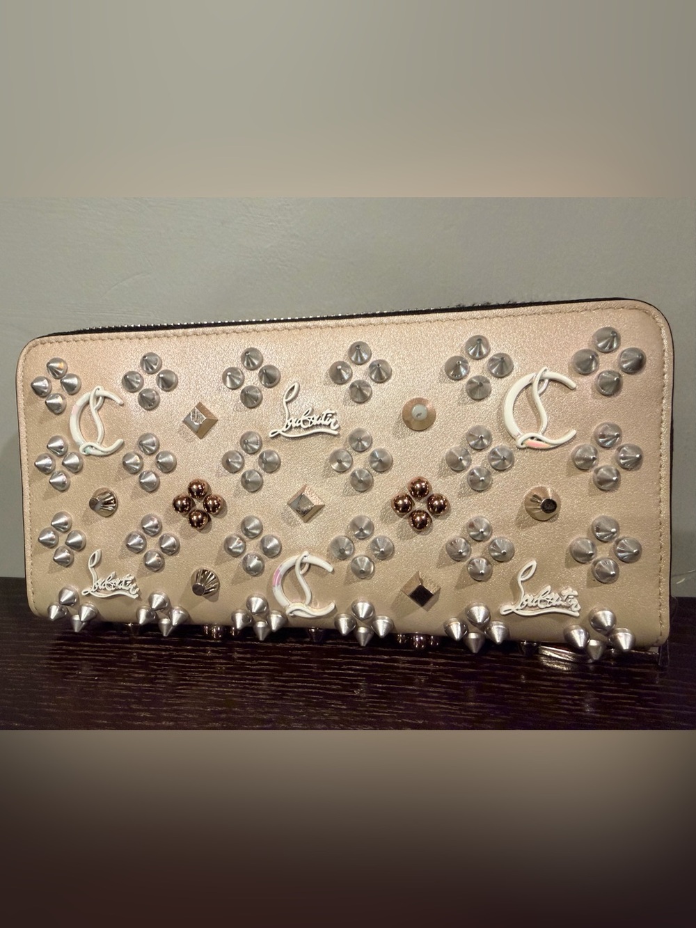 Christian Louboutin *LIKE NEW*Champagne Iridescent Studded Leather Clutch Wallet